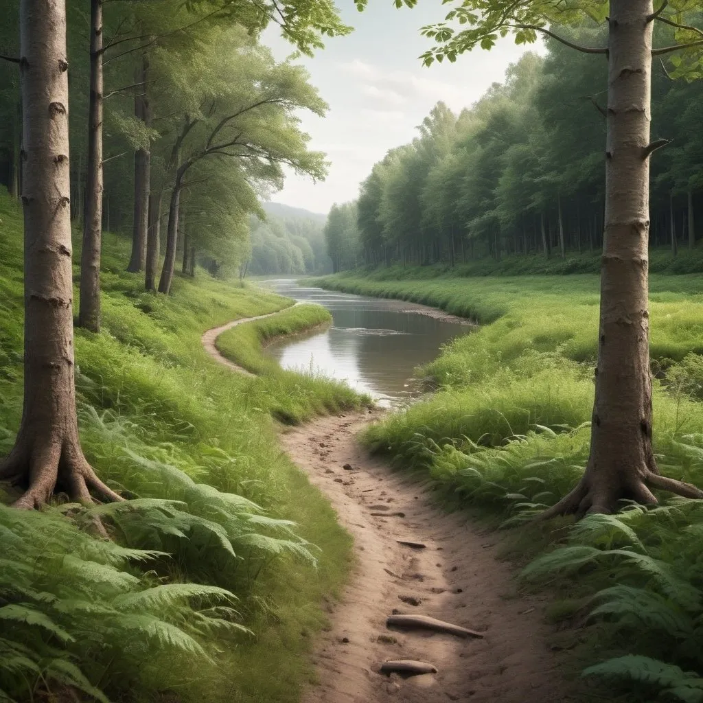 Prompt: pretty tranquil forest with a river in the background and a soil path heading towards the foreground
