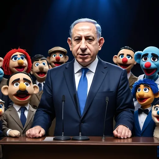 Prompt: Israeli prime minister speech over puppets