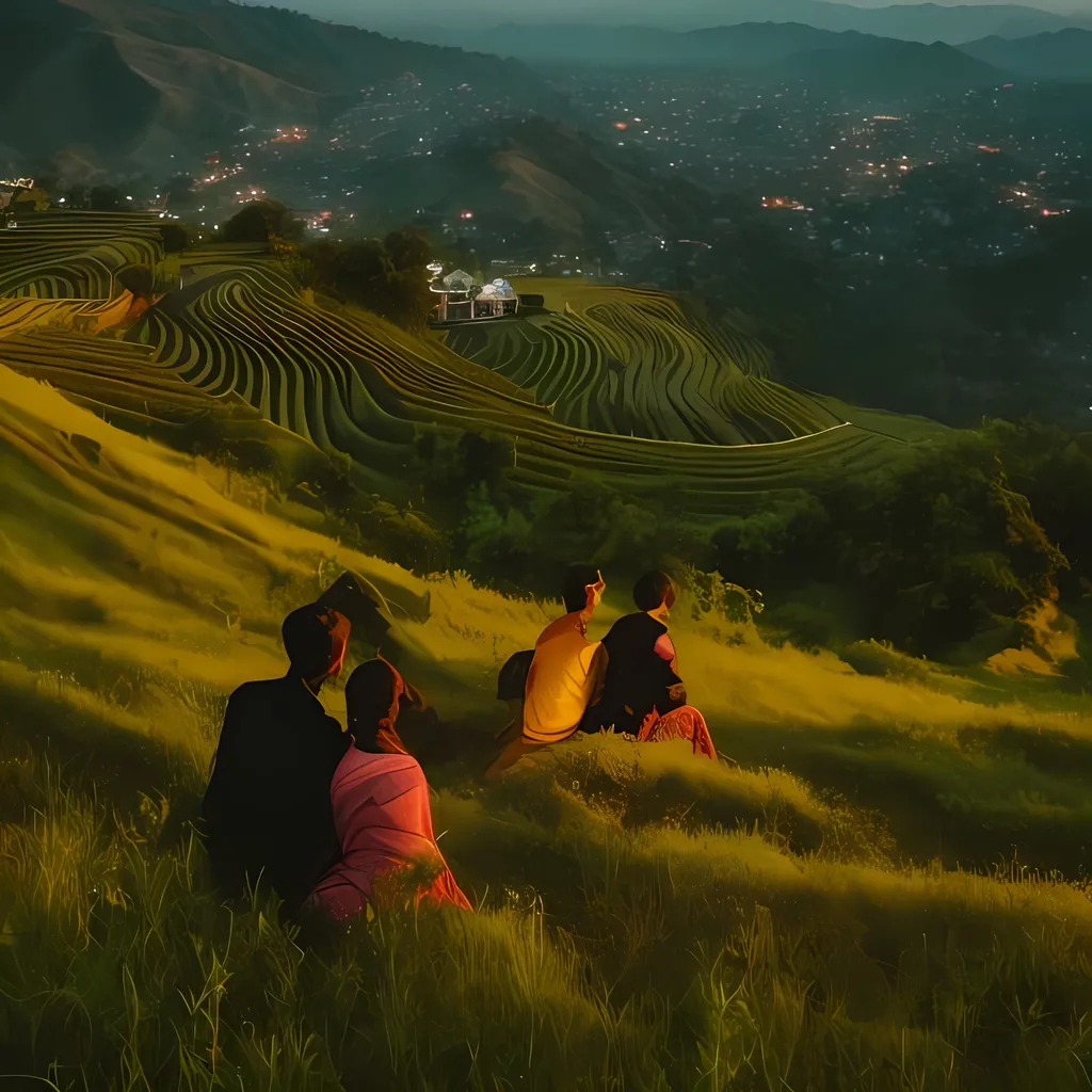 Prompt: One couple in hill evening view
