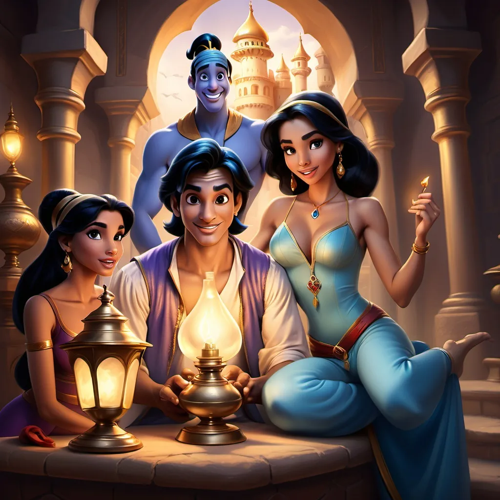 Prompt: Aladdin, Genie and Jasmine, realistic style in a castle holding a lamp