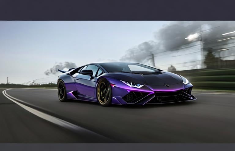 Prompt: Lamborghini Hurracan, twin-turbo, fast, powerful, purple car with dark blue flame design along the side, v12 