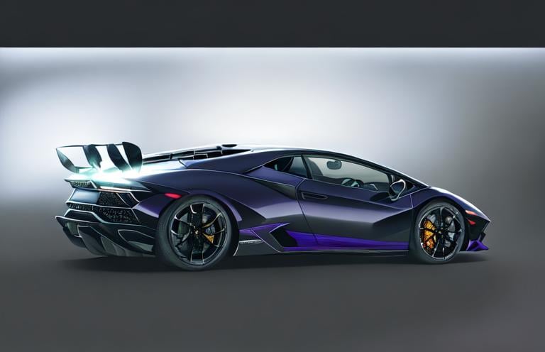 Prompt: Lamborghini Hurracan, twin-turbo, fast, powerful, purple car with dark blue flame design along the side, v12 