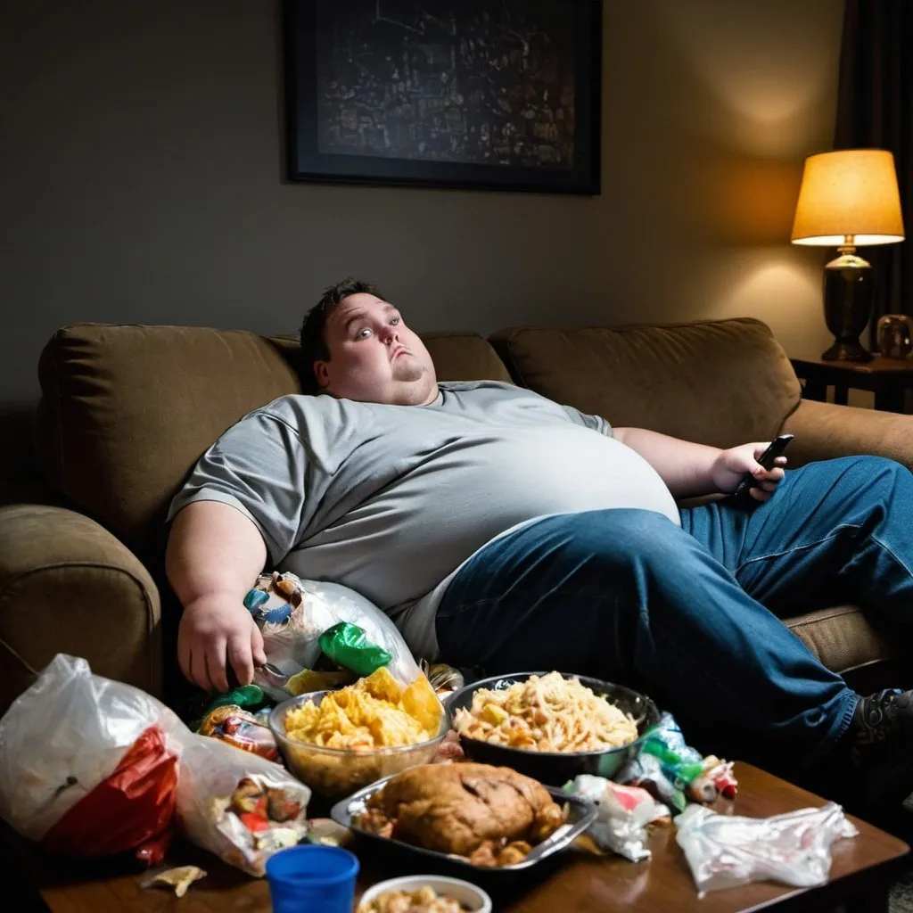 Prompt: larger fat man laying on his side on the couch watching tv in a dark room with trash and food all around