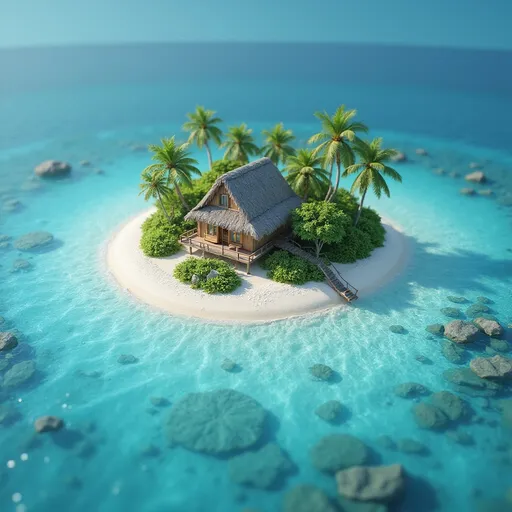 Prompt: miniature isometric world render, a hut surrounded by clear water, bahamas, on a table