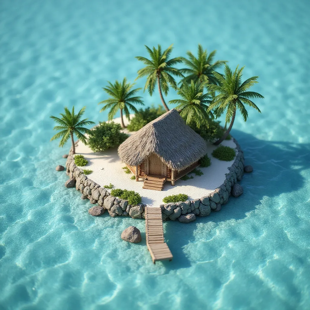 Prompt: miniature isometric world render, a hut surrounded by clear water, bahamas, on a table