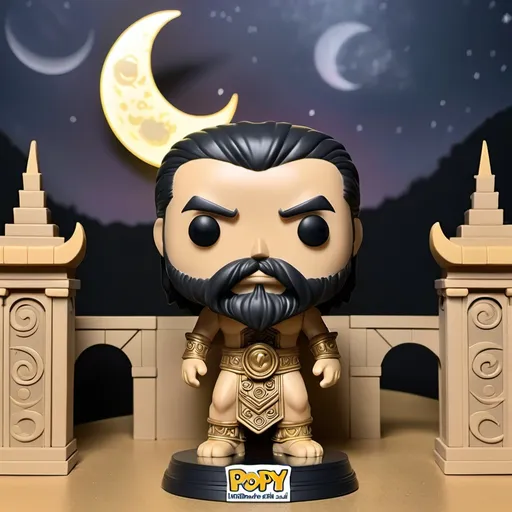 Prompt: Sin god standing in front of a Ziggurat with a big crescent moon in the backround funko pop