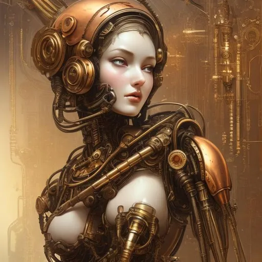 Prompt: Fantasy illustration of a hot robotic  girl, big chest and curves, very incriminating, full body, head to toe, very attractive, antique brass and copper textures, intricate mechanical details, ethereal and magical aura, high quality, fantasy, antique, robotic, intricate details, ethereal, magical, brass and copper textures, detailed mechanical components, professional, atmospheric lighting