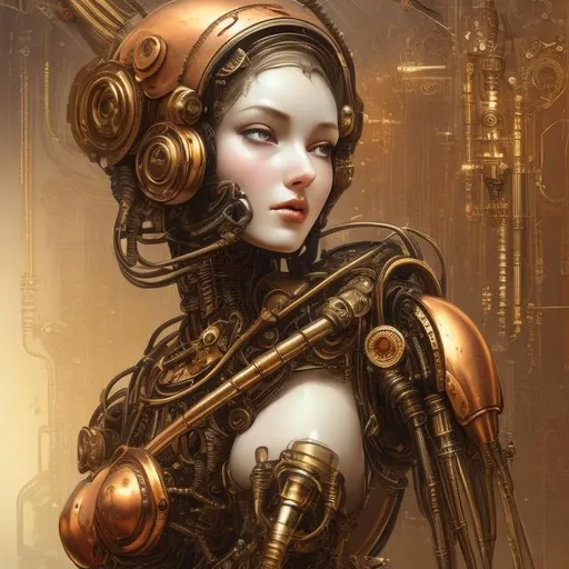 Prompt: Fantasy illustration of a hot robotic  girl, big chest and curves, very incriminating, full body, head to toe, very attractive, antique brass and copper textures, intricate mechanical details, ethereal and magical aura, high quality, fantasy, antique, robotic, intricate details, ethereal, magical, brass and copper textures, detailed mechanical components, professional, atmospheric lighting