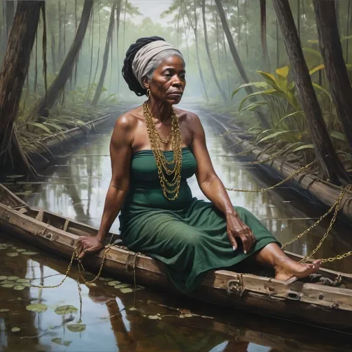 Prompt: A painting of an older black woman, rendered in oil paint using loose brushstrokes, in the style of artist Danielle McKinney. The woman is shown about 40 feet away from the viewer. She has her head turned away from the viewer. The woman is sitting comfortably on the ground in the "Great Dismal Swamp". Her legs are tucked underneath her body in a comfortable sitting position. Beneath where she is sitting, there are translucent, fading wrecks of large slave ships and small wooden canoes. Draped over her body are several individual delicate gold chains that are longer than her body. The chains pool at her feet, with some floating on the surface of the swamp, and some sinking into the swamp.  Each segment of chain is made of small links about a half inch long, strung together into segments about 2 feet long. At the end of every segment, the chains are connected by a large gold bead. The color palette should be very dark and moody, with dark forest greens, deep red-black, brown, emerald green, amber, and a few highlights in bright jewel tones. 