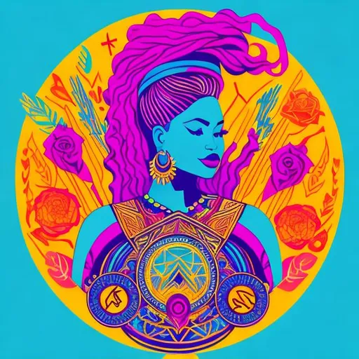 Prompt: 

**Create a bold and empowering design featuring a prominent female figure or symbol surrounded by vibrant colors and inspiring text, celebrating strength, resilience, and unity among women.**