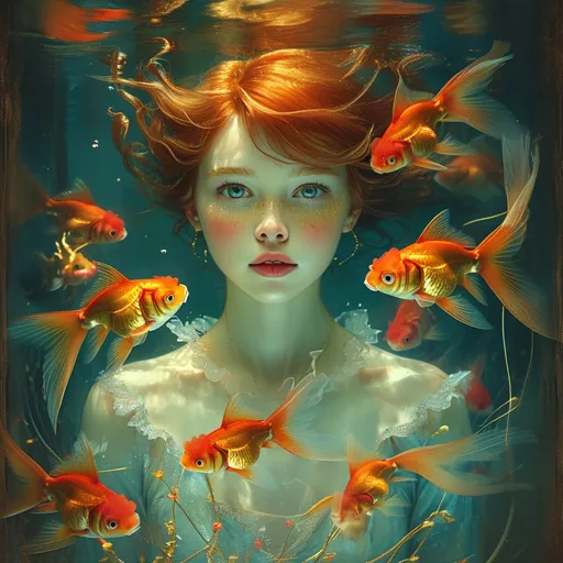 Prompt: (surreal image of a girl with a goldfish), william waterhouse style, dreamlike atmosphere, vibrant colors, whimsical background with flowing aquatic elements, gently swirling water patterns, soft ethereal lighting, serene expression on the girl's face, delicate features and graceful posture, surrounded by shimmering scales of the goldfish, high detail, 4K quality, enchanting and magical mood.