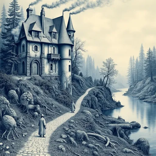 Prompt: (naive watercolor), tranquil lake landscape, whimsical scene with victorian style (vibrant homes) on steep hill,  opulence, wisps of smoke curling from chimneys, embracing a sense of nostalgia, soft hues of blue and white, illuminated by gentle sunlight, peaceful atmosphere, charming and enchanting, picturesque foggy setting, (highly detailed watercolor) art style.
