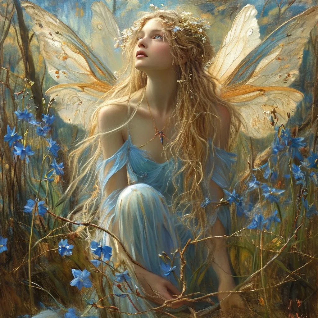 Prompt: (William Waterhouse oil painting), (ethereal angel), beautiful fairy, delicate long blonde hair, serene expression, intricate details in wings, bluebell flowers, soft flowing gown, pastel color tones, warm golden glow, graceful pose, dreamy atmosphere, surrounded by lush greenery, faintly blurred background, high definition, ultra-detailed masterpiece.