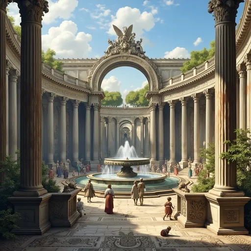 Prompt: 
A <mymodel>(photorealistic) (detailed matte painting), Roman ruins with a majestic fountain, charming people in the background, (clear blue sky), inspired by Ferdinand Knab, neoclassical elements, elegant atmosphere, soft lighting, intricately designed architecture, perfect for a book cover, ultra-detailed, rich textures and colors that emphasize the serene beauty of the scene.