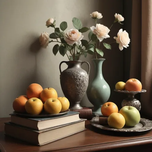 Prompt: <mymodel>Still life, (vintage style), muted color scheme, retro ambiance, soft lighting, mild shadows, classic objects like fruit, vases, and books, antique elements, textured surfaces, serene and nostalgic atmosphere, finely detailed textures, emphasis on composition, photorealistic, ultra-detailed, intricate, 4K, high definition, cinematic quality, subdued background, timeless and elegant.