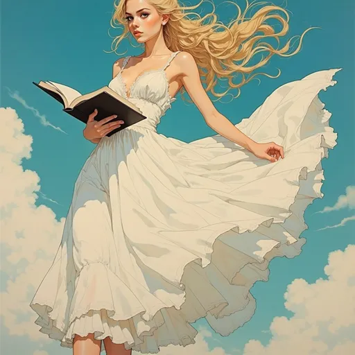 Prompt: a painting of a beautiful blond woman in a white ornamental lace dress flying through the air with a book in her hand , american romanticism, giantess art, a detailed matte painting