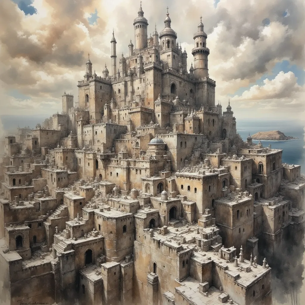 Prompt: a drawing of a castle made of people and buildings on a hill side with a sky background and a few clouds, Art & Language, qajar art, league of legends concept art, a detailed matte painting