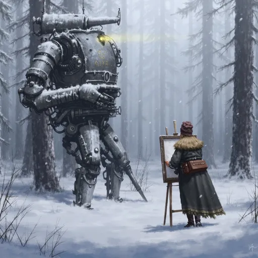 Prompt: (steampunk lady artist blond hair painting a canvas in snow in a winter forest), tranquil scene, (snow-covered trees), softflakes gently falling, serene atmosphere, tranquil mood, (cool hues of blues and whites), wildlife in harmony, (highly detailed), mystical ambiance, (4K resolution), enchanting beauty of nature, branches gleaming with frost.