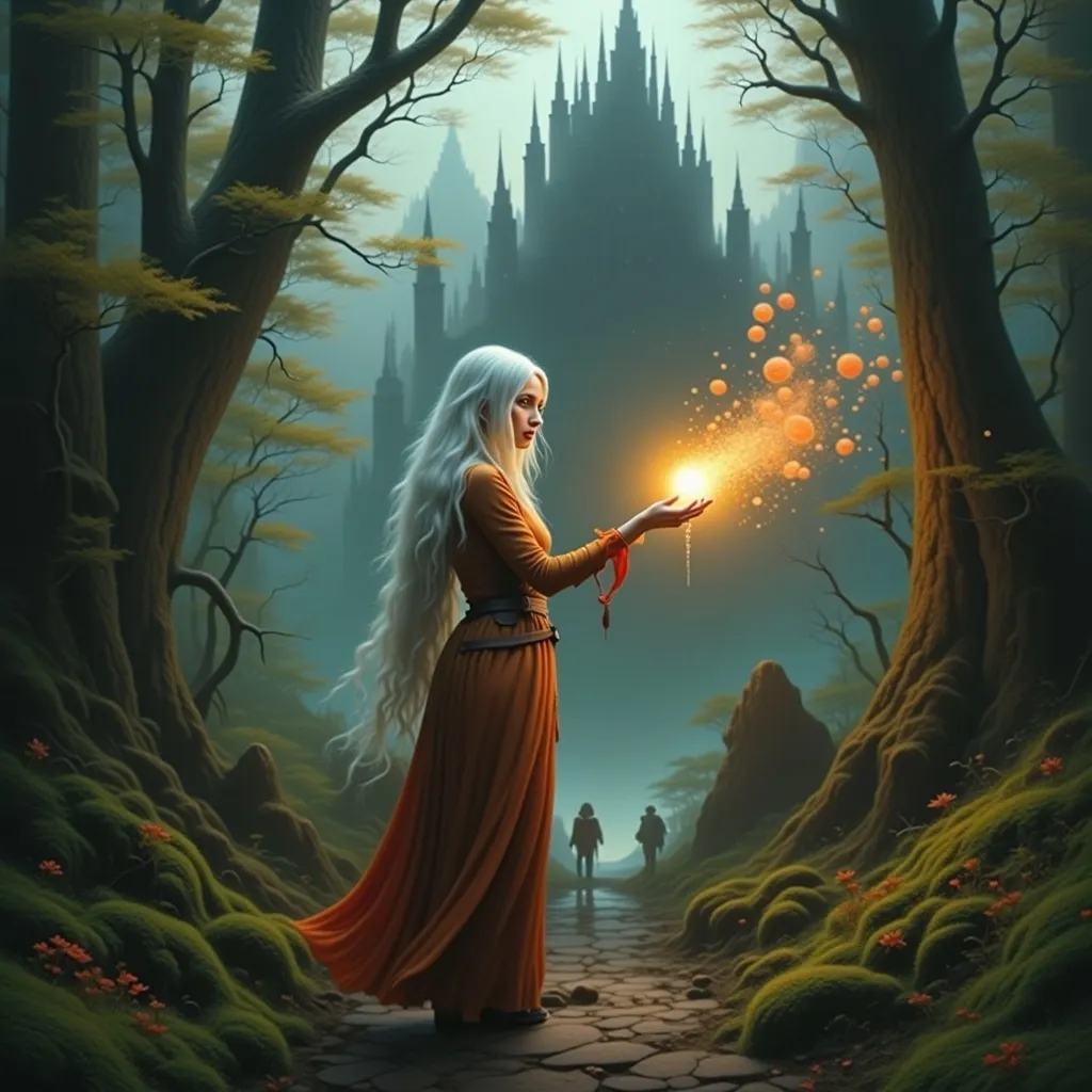 Prompt: Beautiful woman with long white hair, generating ethereal orange fireballs from her fingertips, magical glow illuminating the surrounding moss-covered forest, mystical atmosphere. Enchanting castle towering in the background, surrounded by lush greenery. Soft, warm lighting enhances the scene, creating a whimsical and captivating ambiance. High-quality, ultra-detailed, cinematic masterpiece, enchanting fantasy theme.