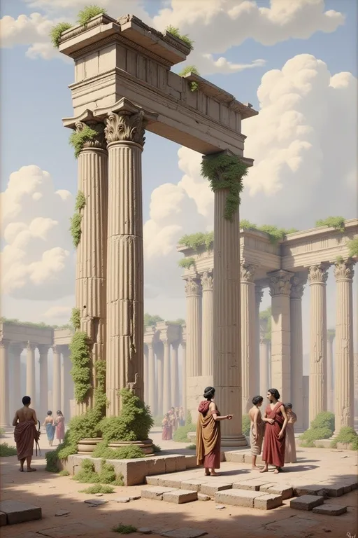 Prompt: (matteness painting), (group of people), neoclassical style, intricate detailing, dramatic lighting, ancient ruins with (crumbling columns), lush greenery surrounding the structure, (historical atmosphere), soft and muted color tones, (Claude Lorrain inspired), capturing the nobility of antiquity, (ultra-detailed), rich textures, artistically composed scene, reflective mood, evoking a sense of loss and beauty.