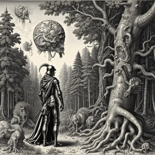 Prompt: Create an intricate and detailed engraving inspired by Albrecht Dürer's masterwork style, but with a surreal and weird twist. The image features a mythical forest where trees grow with twisted, human-like faces, their roots intertwining with large, stone gargoyles. In the sky, strange celestial beings made of geometric shapes and swirling clouds watch over the scene. The foreground showcases a lone knight in armor, but his helmet is made of transparent glass, revealing a shifting, abstract mind within. Intricate linework, sharp contrasts between light and shadow, and delicate textures should evoke Dürer's engraving technique, but with an uncanny, dreamlike atmosphere