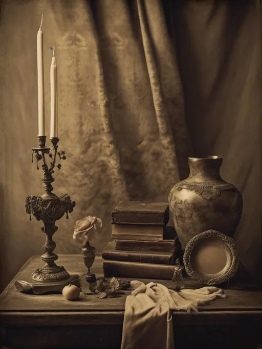 Prompt: <mymodel>(vintage still life), muted color scheme, antique decor elements, aged textures, soft lighting, a sense of nostalgia, classic arrangement, rustic atmosphere, detailed objects, worn surfaces, subtle shadows, vintage photography style, sepia tones, high quality, ultra-detailed, 4K resolution