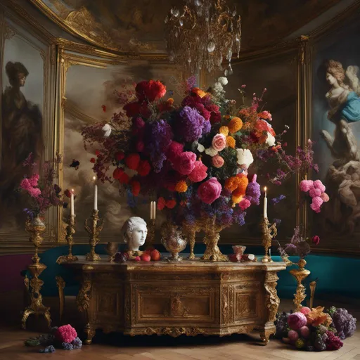 Prompt: <mymodel>(baroque style), exquisite still life composition, intricate detailing, rich and deep colors, fluid textures, dramatic contrasts of light and shadow, ornate elements, lavish arrangement of objects, heightened emotional depth, luxurious ambiance, reminiscent of classic masterpieces, ultra-detailed, 4K, stunning visual harmony.
