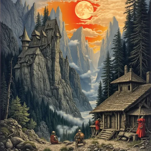 Prompt: paintingAnton Pieck style watercolor (medieval fantasy), summer time,  dramatic mountain landscape, vibrant yet mysterious colors, intense shadows, atmospheric fog, enchanting and sweeping scenery, professional quality, dynamic composition, throwing knives glinting elegantly, detailed leggings in focus, captivating ambiance, ultra-detailed, magical essence, serene yet intriguing mood.
