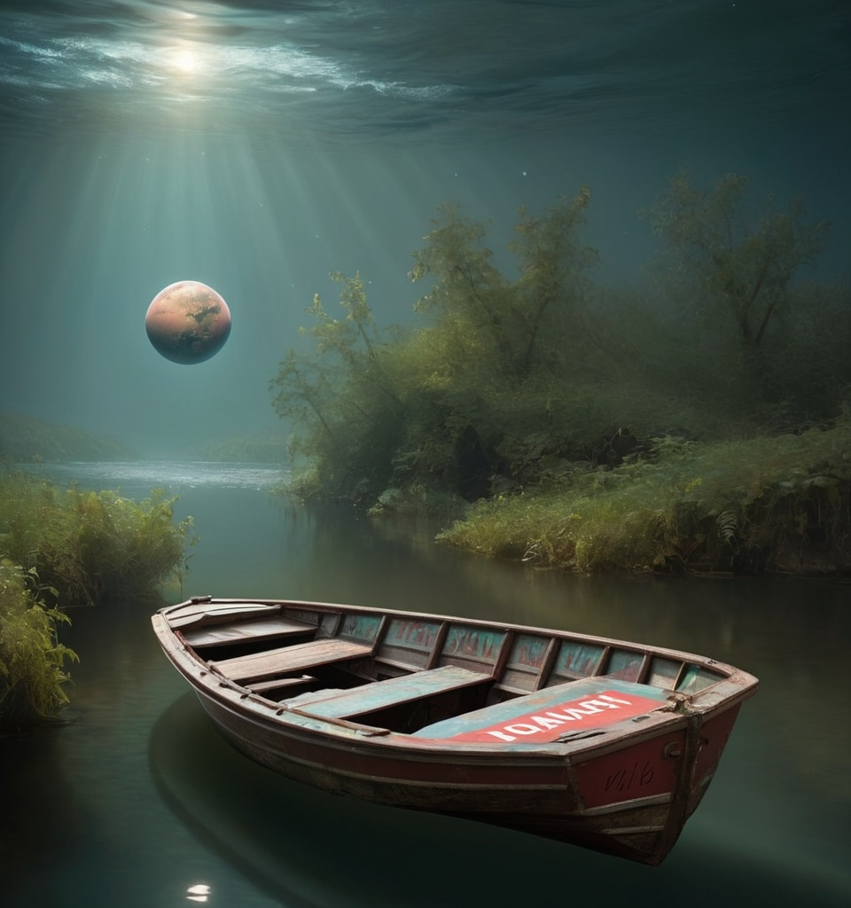 Prompt: a picture of a boat in the water with a sign that says,'planet barbetter ', Aramenta Dianthe Vail, american barbizon school, book cover, a poster