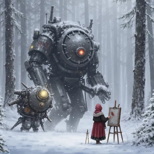 Prompt: (steampunk lady artist blond hair painting a canvas in snow in a winter forest), tranquil scene, (snow-covered trees), softflakes gently falling, serene atmosphere, tranquil mood, (cool hues of blues and whites), wildlife in harmony, (highly detailed), mystical ambiance, (4K resolution), enchanting beauty of nature, branches gleaming with frost.