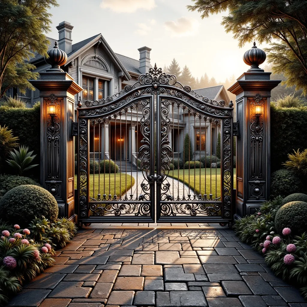 Prompt: Metal gate to an upscale home, intricately designed with ornate patterns and embellishments, glimmers in the soft golden light, luxurious landscaping surrounding it, showcasing thriving plants WARECOLOR STYLE and elegant pathways, inviting atmosphere, beautifully manicured lawns, and a backdrop of a grand architectural home, high-quality and ultra-detailed, capturing the essence of sophistication and elegance.