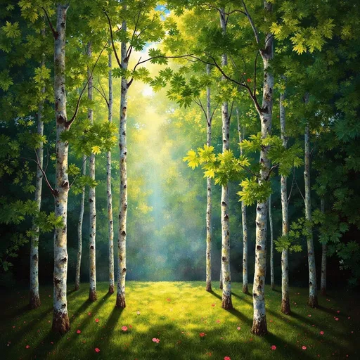 Prompt: birch tree botanical 
 graceful tree with white bark, thick forest 
serene forest setting, dappled sunlight filtering through, lush green foliage, tranquil atmosphere, (vibrant greens) mingling with soft earthy tones, high-quality detail, majestic and elegant, (natural beauty) inviting landscape, peaceful ambiance, (4K resolution) ultra-detailed surroundings.