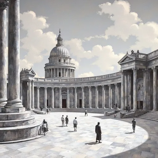 Prompt: a detailed black and white illustration inspired by classical architecture. The scene should feature grand structures, including domed buildings, columns, and ornate pavilions, reminiscent of ancient Roman or Renaissance styles. Populate the scene with several figures to suggest a bustling public space. Include detailed carvings and statues adorning the buildings. Fill the sky with dramatic clouds to add to the grandeur of the scene. Ensure the overall composition evokes a historical ambiance with intricate details.