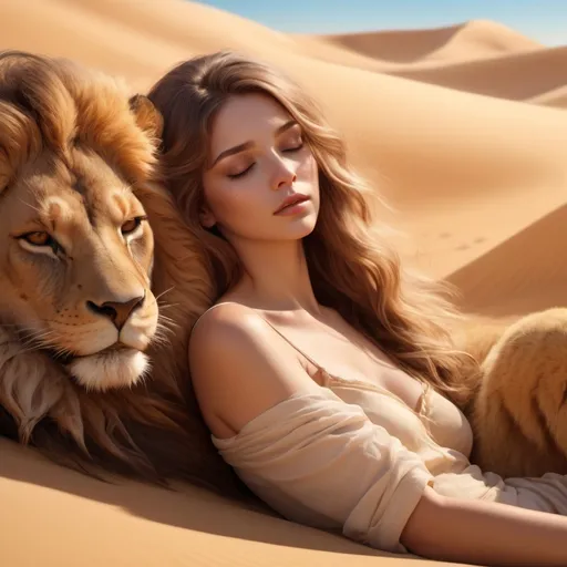 Prompt: (beautiful lady) sleeping on top of a (lion) in a desert, warm golden hues, soft light, tranquil atmosphere, flowing hair, serene expression, majestic lion with a gentle demeanor, rippling sands, distant dunes, clear blue sky, ethereal and dreamlike quality, cinematic depth of field, delicate details, ultra-detailed, 4K, hyper-realistic rendering, visually stunning composition, high quality.