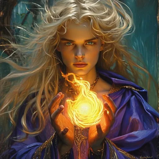 Prompt: (image of a mage), (William Waterhouse oil painting style), blond flowing hair, holding a fireball, ethereal, enchanting atmosphere, warm light, intricate details, rich colors, mystical ambiance,  flowing fabrics, enchanted setting, moody shadows, candlelight glow, (ultra-detailed), dreamlike quality, 