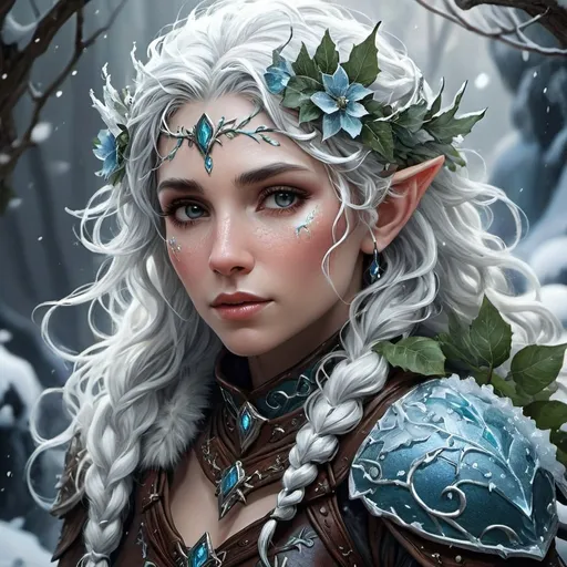 Prompt: Female winter eladrin in leather armor, snowy hair and icy skin, enamel flower and vines in hair, druidic, fey, wild, highres, detailed, fantasy, winter tones, enchanted lighting, intricate details, nature-inspired, ethereal, mystical, ice, faerie, foliage