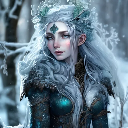 Prompt: Female winter eladrin in leather armor, snowy hair and icy skin, enamel flower and vines in hair, druidic, fey, wild, highres, detailed, fantasy, winter tones, enchanted lighting, intricate details, nature-inspired, ethereal, mystical, ice, faerie, foliage