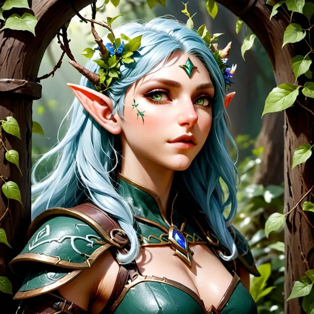 Prompt: African woman with elf ears, with spring-colored hair, fresh spring skin, enamel flower and vines in hair, leather armor, druidic, fey, wild, matching eyes, ears, and nose, detailed facial features, highres, detailed, vivid, fantasy, druidic style, spring colors, natural lighting