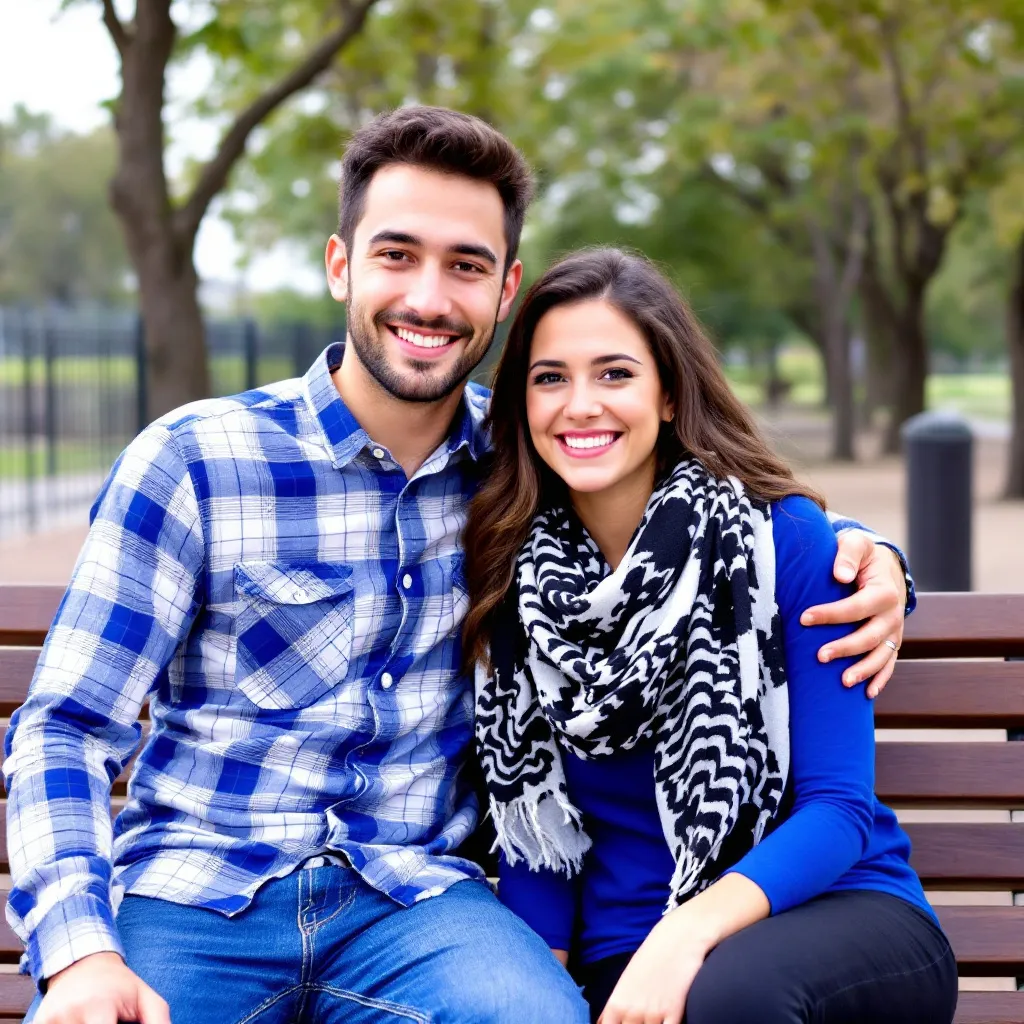 Prompt: The image shows a young couple sitting on a bench in a park. The man is on the left side of the image, wearing a blue and white checkered shirt and blue jeans, and the woman on the right side is wearing a black and white scarf and a blue top. They are both smiling and looking at the camera. The background shows trees and a fence, suggesting that they are in a public area. The couple appears to be happy and relaxed, enjoying each other's company.