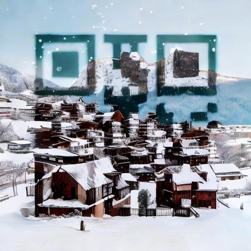 Prompt: a snowy village with mountains on the back