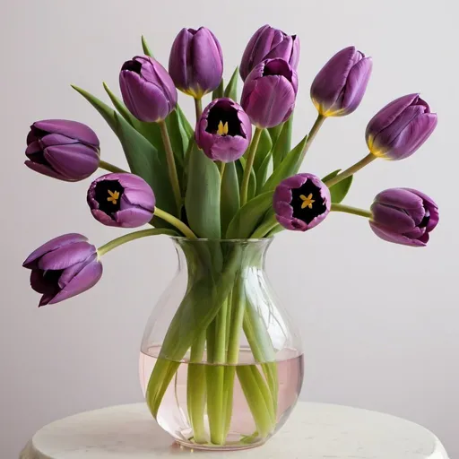 Prompt: Purple tulips in a rose vase