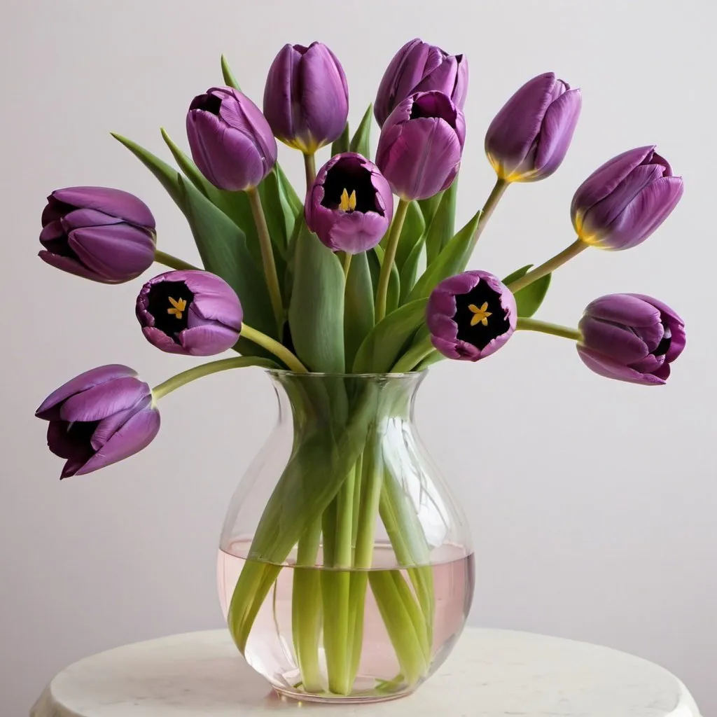 Prompt: Purple tulips in a rose vase