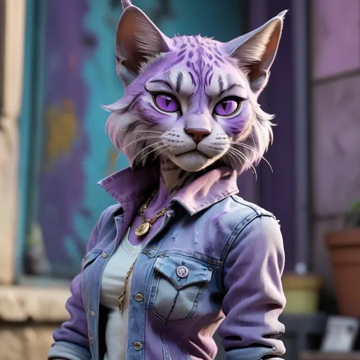Prompt:  Tabaxi wearing acid-washed Jeans, colors are shades of purple and Light blue, looking like a bad girl, best quality, masterpiece