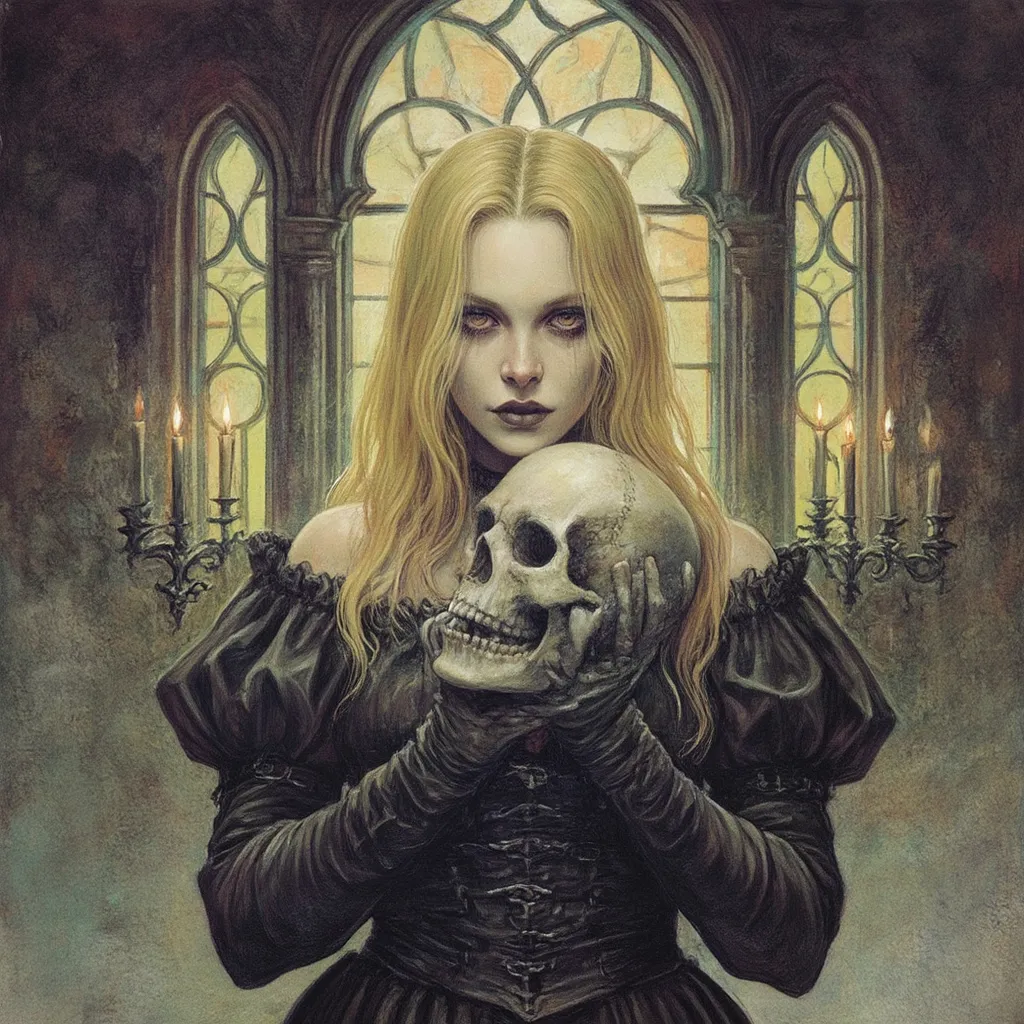 Prompt: a blonde woman holding a skull in front of a window with candles and candles behind her, with a gothic - inspired look, gothic art, dark fantasy art, a detailed drawing in color