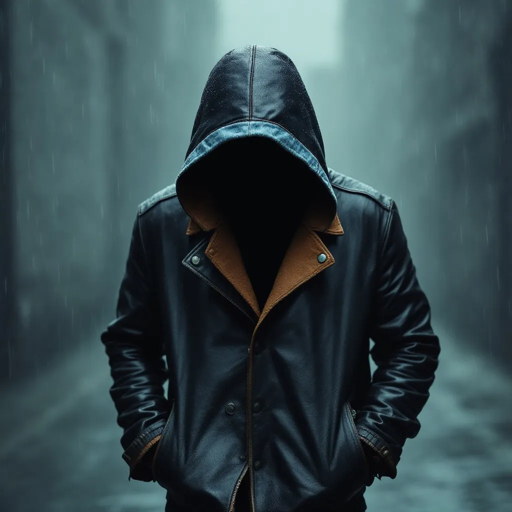 Prompt: man standing in the rain face hidden with and jacket



