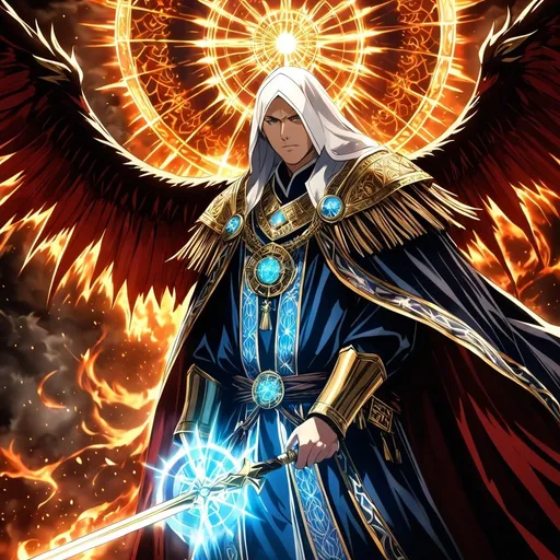 Prompt: Anime artwork of a wise and holy priest cleric, battling demons from hell, intense and focused gaze, detailed robes with intricate patterns, radiant holy aura, dramatic lighting, highres, ultra-detailed, anime, fantasy, intense battle, holy, detailed robes, dramatic lighting, radiant aura, demons, intense gaze