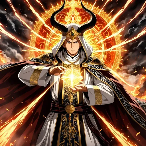 Prompt: Anime artwork of a wise and holy priest cleric, battling demons from hell, intense and focused gaze, detailed robes with intricate patterns, radiant holy aura, dramatic lighting, highres, ultra-detailed, anime, fantasy, intense battle, holy, detailed robes, dramatic lighting, radiant aura, demons, intense gaze