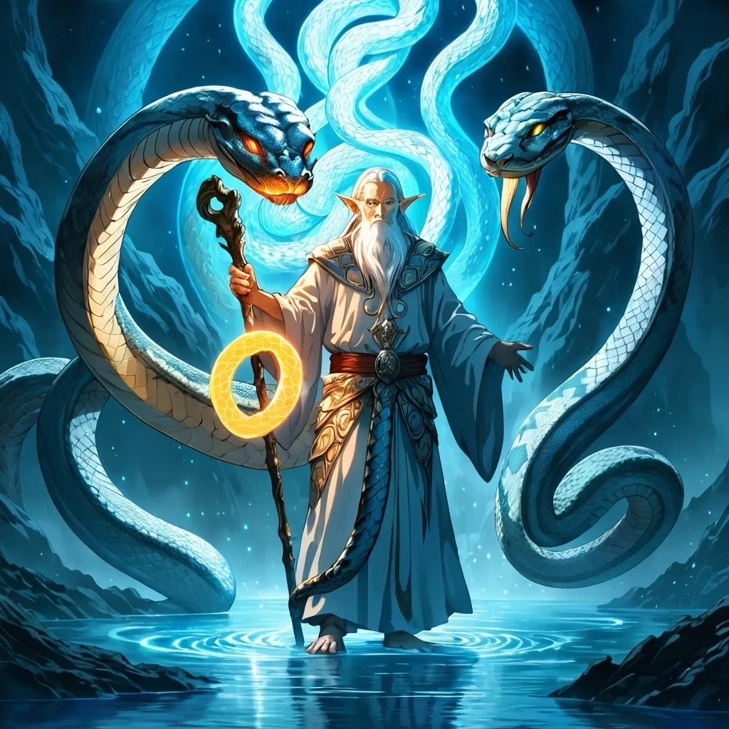 Prompt: Anime illustration of an old elf cleric holding the staff of python, surrounded by the god of all pythons, walking on a glowing blue lake, ethereal glow, detailed facial features, magical anime, highres, ultra-detailed, anime, fantasy, glowing blue, godly presence, mystical, detailed character design, professional, atmospheric lighting