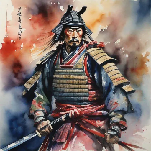 Prompt: Watercolor print of a samurai warrior, traditional Japanese art, intricate brushwork, flowing robes, intense and focused gaze, dynamic pose, high quality, watercolor, traditional, detailed armor, dramatic, vibrant colors, atmospheric lighting