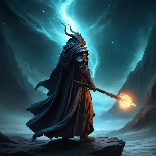 Prompt: brave dragonborn adventurer at the edge of the infinite void, mystical, ethereal, high quality, detailed, fantasy art, magical, dark and mysterious, surreal lighting, captivating colors, flowing robe, glowing staff, surreal, infinite expanse, professional, artistic rendering